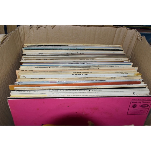 462 - FOUR BOXES OF LPS, 45 AND 33 R.P.M. RECORDS AND A BUSH RADIO, including a vintage Bush BAC. 31 porta... 