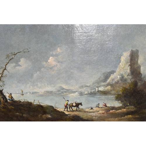 464 - TWO LATE 19TH /EARLY 20TH CENTURY CONTINENTAL LANDSCAPES, the first depicting figures and a donkey o... 