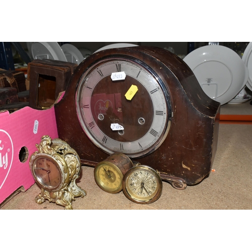 465 - ONE BOX AND LOOSE MANTEL CLOCKS AND CLOCK PARTS, to include an art deco style hat shaped wooden mant... 