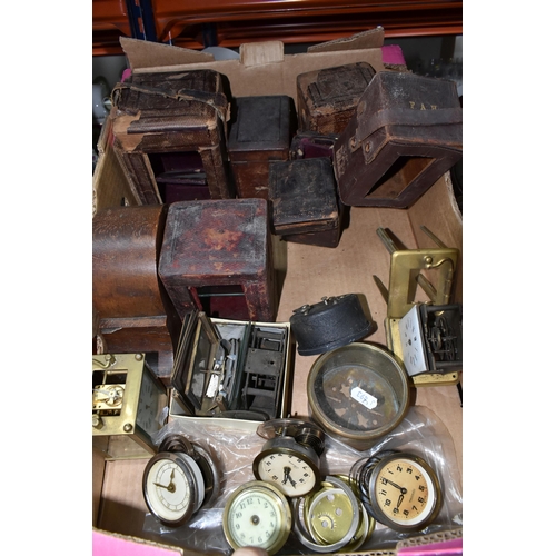 465 - ONE BOX AND LOOSE MANTEL CLOCKS AND CLOCK PARTS, to include an art deco style hat shaped wooden mant... 