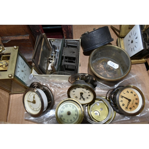 465 - ONE BOX AND LOOSE MANTEL CLOCKS AND CLOCK PARTS, to include an art deco style hat shaped wooden mant... 