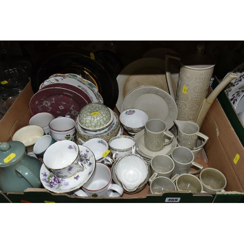 469 - SIX BOXES AND LOOSE CERAMICS AND GLASSWARE, a selection of vases including a Dartington crystal vase... 