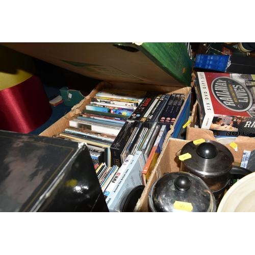 473 - FOUR BOXES AND LOOSE DVDS, LAMPS, AND MISCELLANEOUS, to include a vintage Singer sewing machine, a s... 