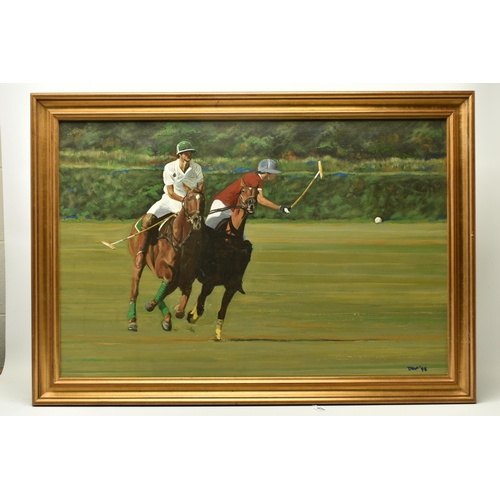 477 - TAWF (CONTEMPORARY) POLO MATCH, two male figures on Polo ponies contesting a ball during a match, si... 