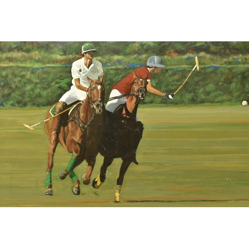 477 - TAWF (CONTEMPORARY) POLO MATCH, two male figures on Polo ponies contesting a ball during a match, si... 