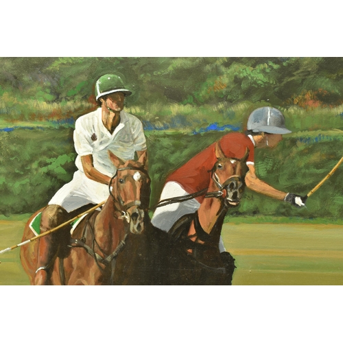 477 - TAWF (CONTEMPORARY) POLO MATCH, two male figures on Polo ponies contesting a ball during a match, si... 