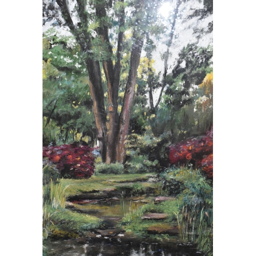 482 - LISE DAGENAIS (CONTEMPORARY) 'ST HILAIRE, DANS UN JARDIN / IN A GARDEN', a garden landscape with a p... 