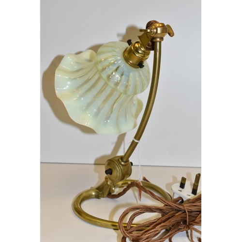 488 - A W. A. S. BENSON ARTS AND CRAFTS TABLE LAMP, with brass heart shaped base, stamped 'Benson' on the ... 