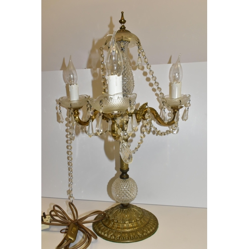 489 - A CANDELABRUM-STYLE LAMP, of glass, brass and gilt metal construction, with three branches, glass sc... 