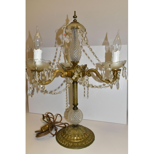 489 - A CANDELABRUM-STYLE LAMP, of glass, brass and gilt metal construction, with three branches, glass sc... 