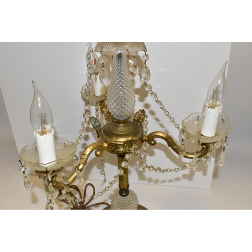 489 - A CANDELABRUM-STYLE LAMP, of glass, brass and gilt metal construction, with three branches, glass sc... 