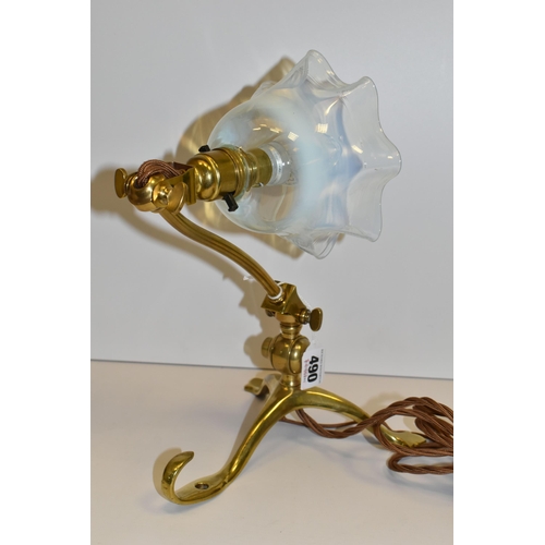 490 - A W. A. S. BENSON ARTS AND CRAFTS TABLE LAMP, with brass three-footed base, stamped 'Benson' on the ... 