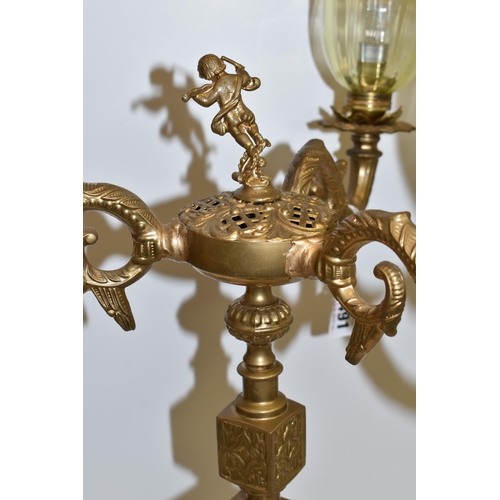 491 - A CANDELABRUM-STYLE TABLE LAMP, with three foliate branches surrounding a central cherub figure, on ... 