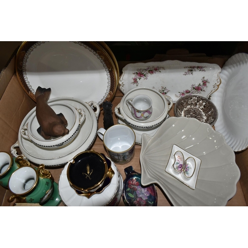 501 - FOUR BOXES AND LOOSE CERAMICS to include a Yare Pottery dragon length 35cm (chipped face and tail), ... 