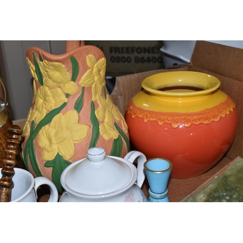 501 - FOUR BOXES AND LOOSE CERAMICS to include a Yare Pottery dragon length 35cm (chipped face and tail), ... 