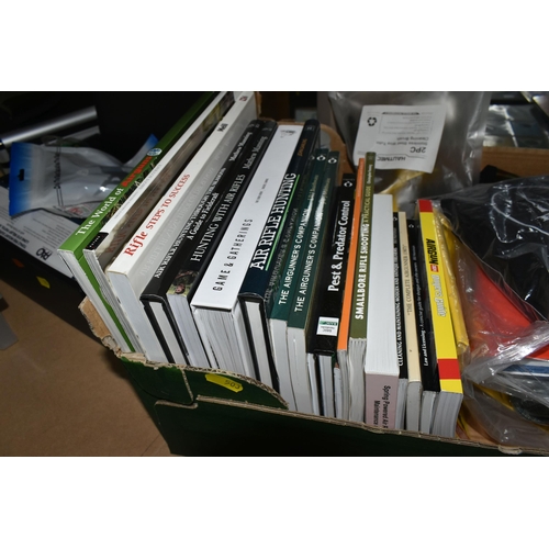 503 - FOUR BOXES AND LOOSE SHOOTING SUPPLIES to include a box of Shooting and Conservation magazines, two ... 