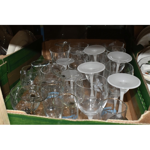 504 - THREE BOXES AND LOOSE CERAMICS AND GLASSWARE to include a green uranium glass vase, a box of mostly ... 