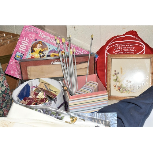 505 - TWO BOXES AND LOOSE ARTS AND CRAFTS SUPPLIES to include a group of embroidered textiles, buttons, fa... 