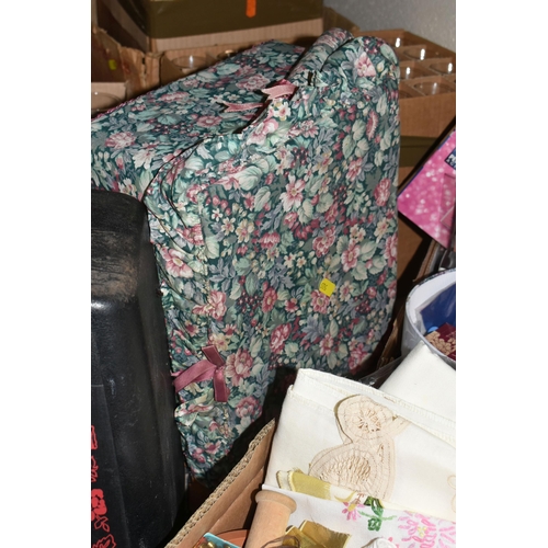 505 - TWO BOXES AND LOOSE ARTS AND CRAFTS SUPPLIES to include a group of embroidered textiles, buttons, fa... 