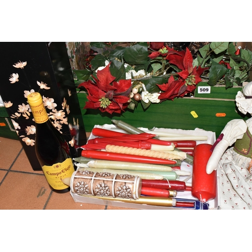 509 - THREE BOXES AND LOOSE CHRISTMAS DECORATIONS AND SUNDRIES, to include a freestanding bevel edge vinta... 