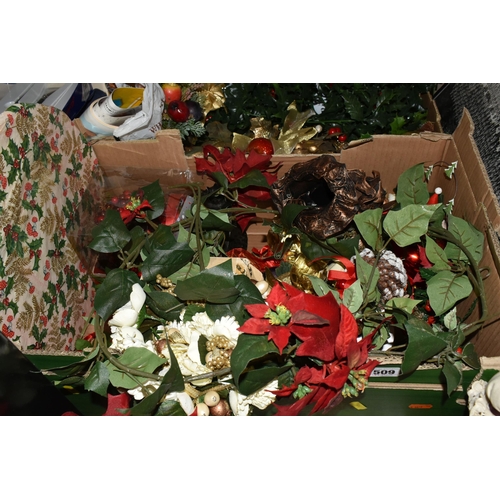 509 - THREE BOXES AND LOOSE CHRISTMAS DECORATIONS AND SUNDRIES, to include a freestanding bevel edge vinta... 