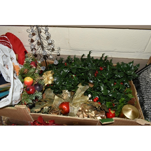 509 - THREE BOXES AND LOOSE CHRISTMAS DECORATIONS AND SUNDRIES, to include a freestanding bevel edge vinta... 