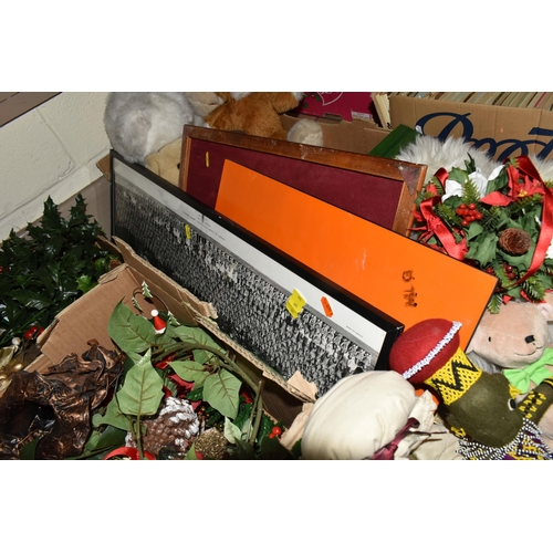 509 - THREE BOXES AND LOOSE CHRISTMAS DECORATIONS AND SUNDRIES, to include a freestanding bevel edge vinta... 