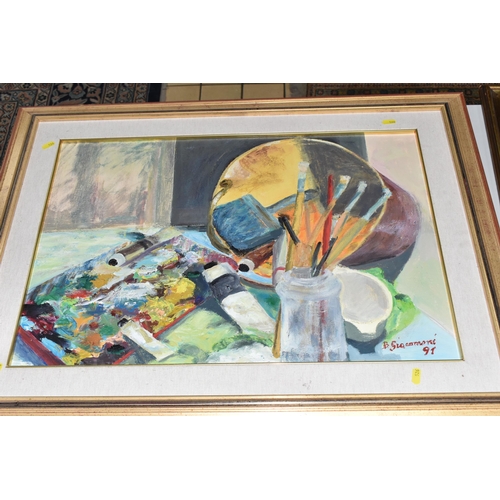 526 - SEVEN 20TH CENTURY OILS AND WATERCOLOURS, comprising a still life study of an artist's palette and e... 