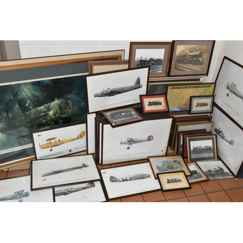 533 - A COLLECTION OF STEAM TRAIN AND MILITARY AVIATION PRINTS ETC, to include a Terrence Cuneo print 'Eve... 