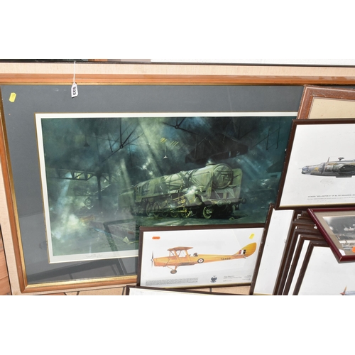 533 - A COLLECTION OF STEAM TRAIN AND MILITARY AVIATION PRINTS ETC, to include a Terrence Cuneo print 'Eve... 