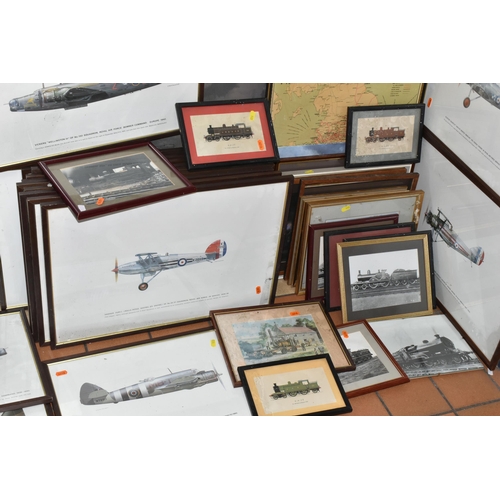 533 - A COLLECTION OF STEAM TRAIN AND MILITARY AVIATION PRINTS ETC, to include a Terrence Cuneo print 'Eve... 