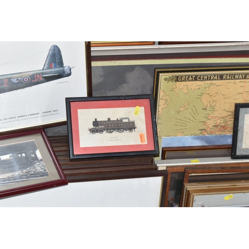 533 - A COLLECTION OF STEAM TRAIN AND MILITARY AVIATION PRINTS ETC, to include a Terrence Cuneo print 'Eve... 