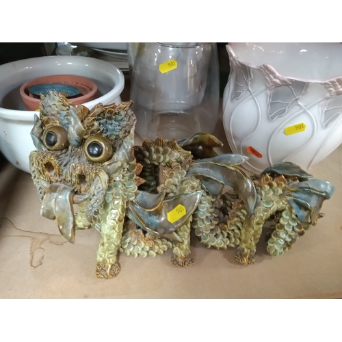 501 - FOUR BOXES AND LOOSE CERAMICS to include a Yare Pottery dragon length 35cm (chipped face and tail), ... 