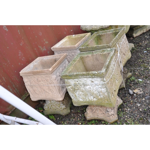 1001 - FOUR MODERN COMPOSITE SQUARE GARDEN PLANTERS each constructed in two parts 23cm across height 35cm (... 