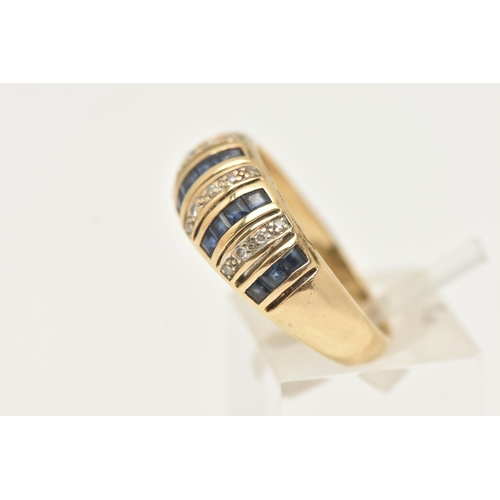 1 - A SAPPHIRE AND DIAMOND DRESS RING, designed as graduated vertical lines of square shape sapphires an... 