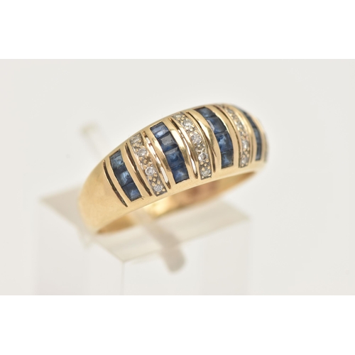 1 - A SAPPHIRE AND DIAMOND DRESS RING, designed as graduated vertical lines of square shape sapphires an... 