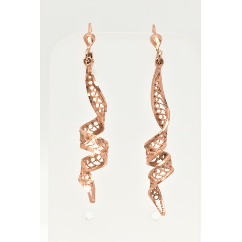 10 - A PAIR OF 9CT GOLD DROP EARRINGS, of a cannetille twist design with hinged hook ear fittings, 9ct ha... 