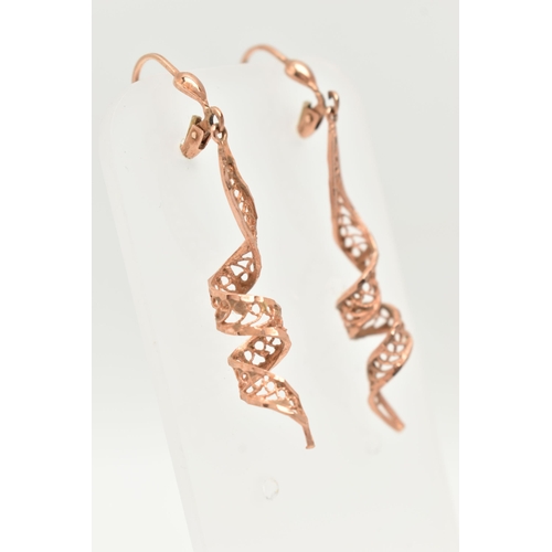 10 - A PAIR OF 9CT GOLD DROP EARRINGS, of a cannetille twist design with hinged hook ear fittings, 9ct ha... 