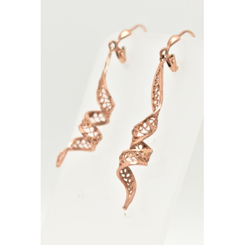 10 - A PAIR OF 9CT GOLD DROP EARRINGS, of a cannetille twist design with hinged hook ear fittings, 9ct ha... 