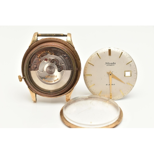 14 - A GENTS 9CT GOLD WATCH, an AF gents 'Nivada' watch head (requires attention), in a polished case wit... 