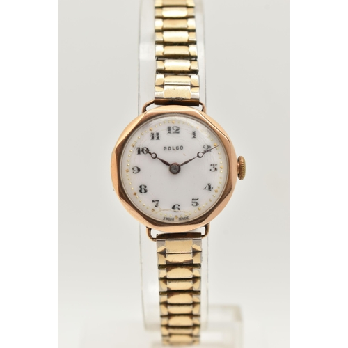 15 - A LADIES 9CT GOLD 'ROLCO' WRISTWATCH, manual wind, round white dial signed 'Rolco', Arabic numerals,... 