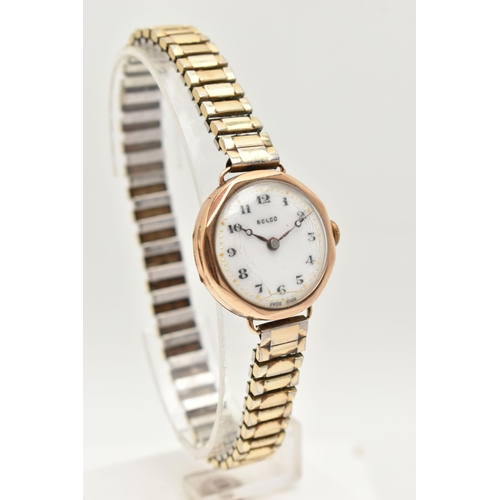 15 - A LADIES 9CT GOLD 'ROLCO' WRISTWATCH, manual wind, round white dial signed 'Rolco', Arabic numerals,... 