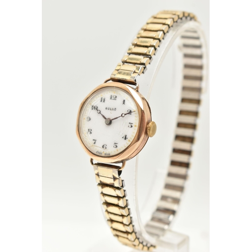 15 - A LADIES 9CT GOLD 'ROLCO' WRISTWATCH, manual wind, round white dial signed 'Rolco', Arabic numerals,... 