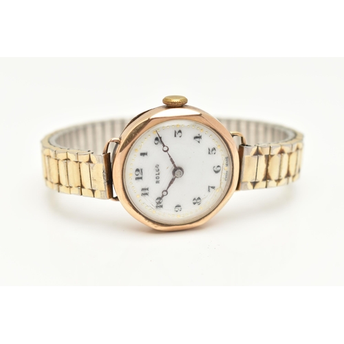 15 - A LADIES 9CT GOLD 'ROLCO' WRISTWATCH, manual wind, round white dial signed 'Rolco', Arabic numerals,... 