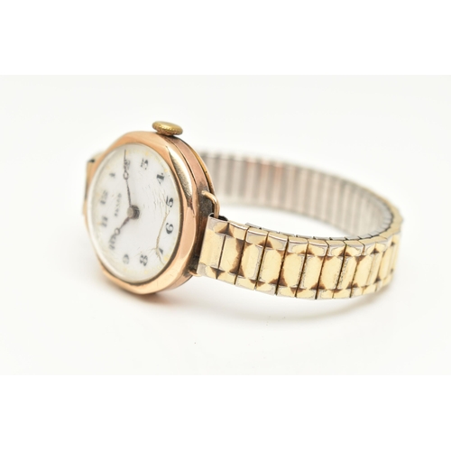 15 - A LADIES 9CT GOLD 'ROLCO' WRISTWATCH, manual wind, round white dial signed 'Rolco', Arabic numerals,... 