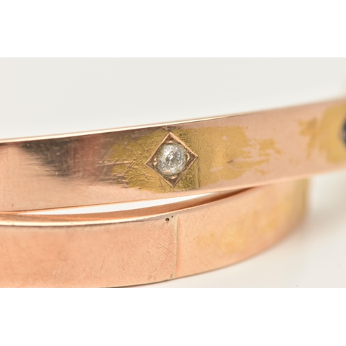 20 - A ROSE METAL BANGLE, AF broken bangle requires some attention, set with a single old cut diamond and... 