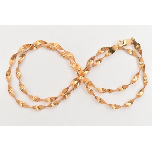 22 - A 9CT GOLD ITAILIAN YELLOW GOLD TWIST CHAIN, flat articulated herringbone twist chain, fitted with a... 