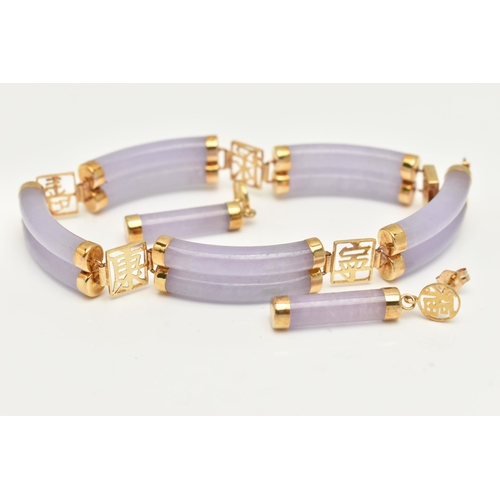 25 - A 14CT GOLD LAVENDER JADE BRACELET AND EARRING SET, the line bracelet made up of five double polishe... 