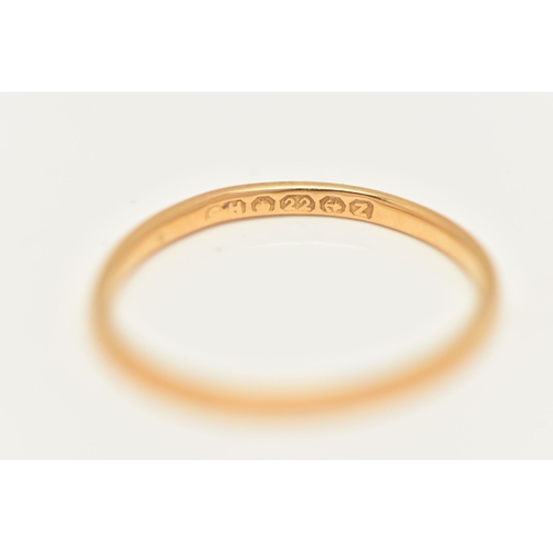 26 - A POLISHED THIN 22CT GOLD BAND RING, misshapen, hallmarked 22ct Birmingham, approximate gross weight... 