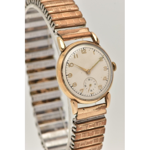 28 - A GENTS 9CT GOLD WRISTWATCH, manual wind movement, round silvered Arabic numeral dial, subsidiary di... 